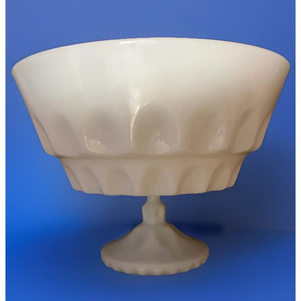 Vtg Milk Glass Pedestal Compote Bowl Thumbprint Pattern Candy Dish‎ White Glass